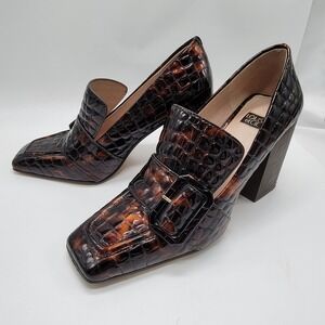 Louise et Cie Brown Tortoise Ovidio Croc Embossed Leather Loafer Pump Heels 9.5